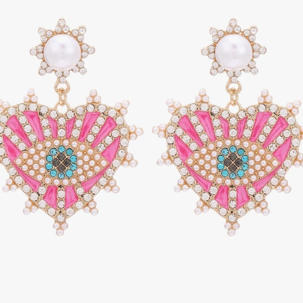 Evil Eye Heart Earrings with pearls and rhinestones pink gold …
